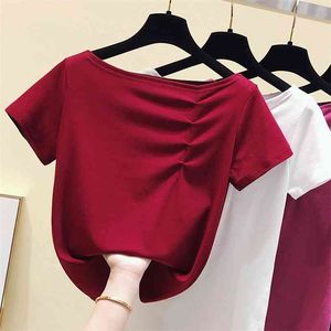 WWenn T Shirt Kvinnor Toppar Sommar Kortärmad T-shirt Bomull Koreansk stil Fold T-shirt Kläder Slim Tee Femme 210507