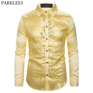 Shiny Gold Sequins Glitter Dress Shirt Men Satin Smooth Men Nightclub Shirt 70s Disco Stage Halloween Party Rave Chemise 210522