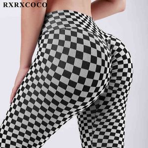 RXRXCOCO Yoga Leggings Frauen Sport Fitness Schwarz Und Weiß Gitter Nahtlose Leggings Push-Up Hohe Taille Gym Strumpfhosen Sexy Yoga hosen H1221