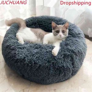 Juchuangラウンドキャットベッドハウスソフトロング豪華なペット犬用ベッド犬のバスケットペット製品クッションキャットベッドマットスリーピングソファ210722