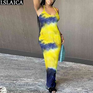 Multi-Element Dress Print Casual Długość Długość Długość Skinny Tie Dye Dla Kobiet Moda Slim Off Ramię Sexy Clubwear Robe Longue 210515