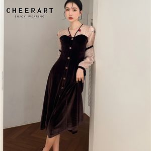 Organza Vintage Velvet Rose Embroidered Long Dress Women V Neck Brown A Line Korean Ladies Midi Clothing 210427