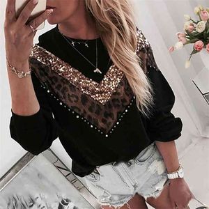 Women T-Shirt Long Sleeve Autumn Chic Leopard Print Patchwork Spring Top Female Ladies Clothes Plus Size Sequined Clothing 210522