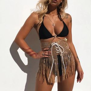Jupes Sexy Femmes Sexy Couleurs Solides Tassel Sequin Jupe Strass Beach Court Fête Nuit ClubWear Taille High Taille Mini jupe # P3