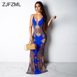 Impresso Sexy Maxi Party Trumpet Dress Mulheres Spaghetti Strap Aberto Vestido Bodycon Vestido Vintage V Neck High Cintura Cintura Vestido X0521