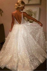 Sparkly White Sequined A-Line Wedding Dresses 2021 Sexy Backless V-Neck Straps Boho Beach Bridal Gowns Floor Length Plus Size Bride Dress Vestidos