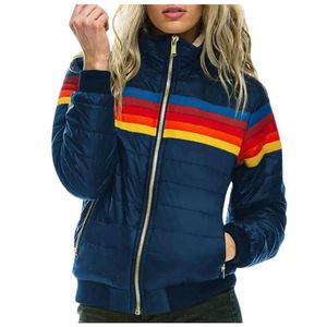 Giacche da donna Giacca invernale da donna sottile con cappuccio Parka stampato arcobaleno a righe in cotone per cappotto taglie forti