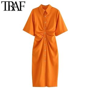 TRAF Women Chic Fashion Button-up Draped Midi Shirt Dress Vintage Short Sleeve Side Zipper Female Dresses Vestidos 220311