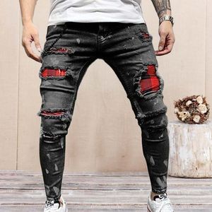 Casual Hip Hop Men Ripped Jeans Distressed Patch Slim Pencil Pants Male Stretch Elastic Waist Patchwork Jogging Denim Trousers