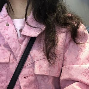 Casaco De Pessegueiro venda por atacado-Jaqueta rosa de flor de pêssego coberto com cópia floral jeans casaco solto para casais mangas compridas confortável