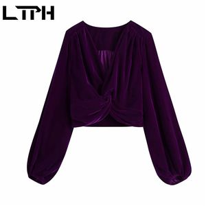 vintage V-Neck velour short women shirts Blouse Lantern sleeve purple temperament All-match tops Spring Autumn 210427