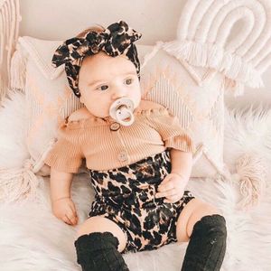 0-18M born Infant Baby Girls Leopard Clothes Set Knitted Ruffles Tops T shirt Bow Bloomer Shorts Summer Outfits 210515