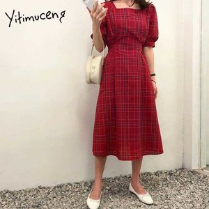 Yitimuceng Vintage Plaid Dress for Women Summer Elegant Midi Red Dresses Puff Sleeve A-Line High Waist Korean Fashion 210601