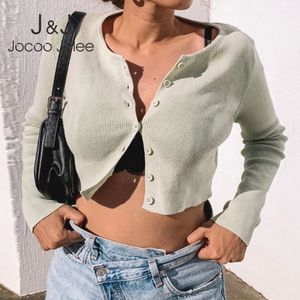 Jocoo Jolee Sexy長袖の長袖のオープンボタンアップカーディガン韓国のセーターオールマッチニットクロップトップレディースジャンパー210518