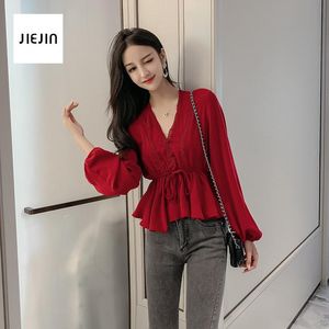 Wholesale red ruffle tops for sale - Group buy Women s Blouses Shirts Red For Women Tops High Quality V Neck Korean Elegant Ladies Office White Long Sleeve Ruffles Chiffon