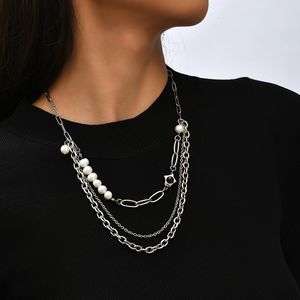 Na moda branca de água doce pérola cerâmica cor de prata cor de aço inoxidável colares multicamadas para mulheres unisex jóias
