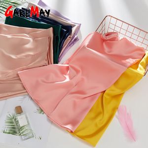 Koreanska kvinnans kjolar Kvinna Rosa Casual Silk Long Satin Kjol Vintage Hög midja Midi för Kvinnor Sommar 210428