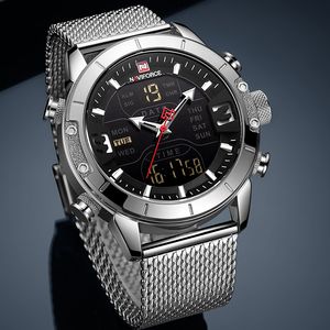 Men Fashion Dual Display Watch Mens Military Quartz Wristwatch Stainless Steel Mesh Sports Watches Analog Digital Male Clock 210517