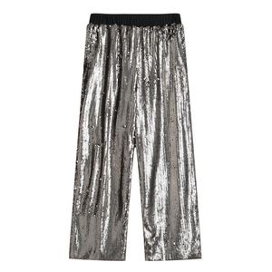 Kvinnor Silver Sequined Elastic Waist Nio Byxor High Street Lossa Straight Wide Ben P0027 210514