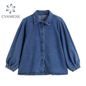 Blue Cardigan Джинсовые блузки или Топы Женщины Streetwear Свободные Отвороты Женские Рубашки Женский С Длинным Рукавом Мода Корейский Blusas Mujer 210515