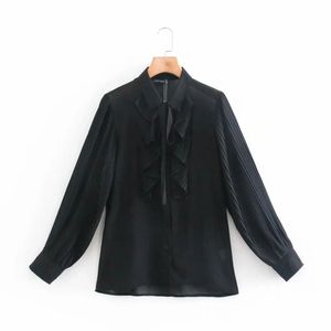 Spring Women Cascading Ruffle Black Chiffon Shirt Female Long Sleeve Blouse Office Lady Loose Tops Blusas S8638 210430