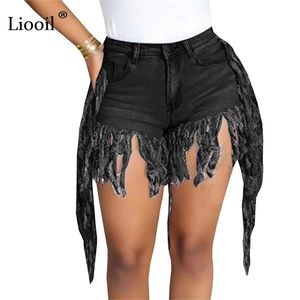 Liooil Kadınlar Püskül Skinny Kot Pockets Ile Streetwear Düşük Bel Yıkama Sıkıntılı Siyah Mavi Rave Jean Pamuk Denim Şort 210625