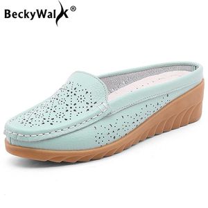 BeckyWalk 2021 Spring Fashion Cut-outs Women Shoes Summer Closed Toe Wedge Sandals Cow Leather Lady Slippers Woman WSH2749
