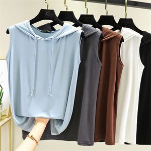 Nowe letnie modalne bluzy sweter z kapturem t shirt bez rękawów damskie bluza z kapturem top trójniki kobiety cienkie miękkie luźne swetry plus rozmiar x0628