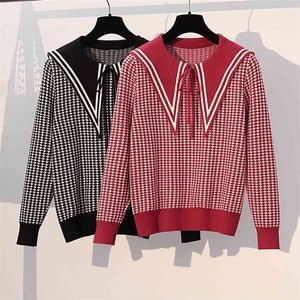 Plus Size Women's Fall Winter Sweaters Plaid Korean Japan Sweet Houndstooth Long-sleeved Oversized Top Female GX1240 210507