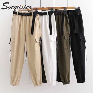 SURMIITRO Pantaloni cargo alla caviglia coreani Donna con cintura Pantaloni Harem femminili in cotone bianco kaki nero Pantaloni a vita alta Femme 210712