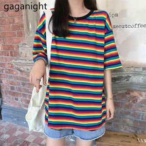 Summer Women Harajuku Striped Tshirt Short Sleeve O-Neck T-Shirt Korean Casual Oversized T Shirt Cotton Femme Tops Tee 210601