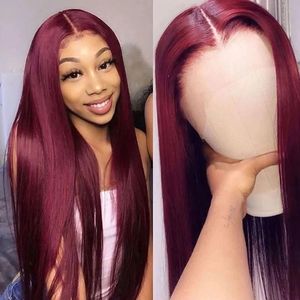 Rot Burgund 99J Farbe Seidige Gerade Synthetische Perücken Lace Front Perücke Für Schwarze Frauen Vorgezupft Weich Mit Baby Haar 180% Dichte