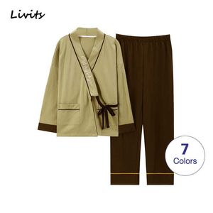 Donne Pigiamas Set in cotone per abbigliamento da notte per abbigliamento da sonno biancheria biancheria intima a manica lunga kimono sexy kimono giapponese sa1071 q0706