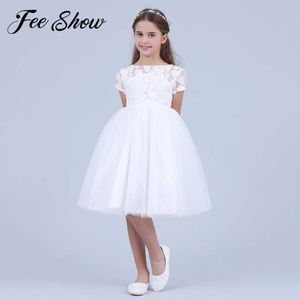 Fiori manica corta bianco bambina vestito infantile bambino estate abito da ballo in pizzo battesimo abiti da festa per bambini abbigliamento per ragazze Q0716