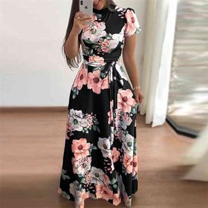 Women Maxi Dress Summer Floral Print Boho Beach Long es Elegant Tunic Sashes Short Sleeve Evening Party Vestidos 210522