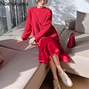 Nomikuma Kobiety Sweter Syrenka Sukienka Z Długim Rękawem O-Neck Koreański Twisted Dresses Jesień Zima Wzburzyć Vestidos 6C385 210427