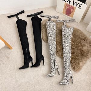 Stiefel für Damen, spitzer seitlicher Reißverschluss, dünne Absätze, Schnallenriemen über dem Knie, sexy Herbst-Winter-Mode, prägnante Booties, Party, Dating