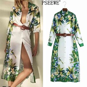 Mola verde floral impressão midi camisa vestido mulher cinto de manga longa mulheres casuais lado ventos elegantes es 210519