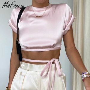MSFYCY Summer Crop Tops Kvinnor Kortärmad Sexig Backless Bandage Shirt Mujer O-Neck Satin Y2K Toppar 210604