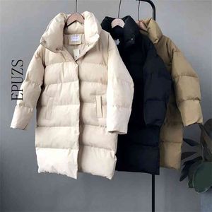 冬のジャケット女性特大の厚い長いパーカースリーブボタンポケットコートコート韓国風吹き出し210521