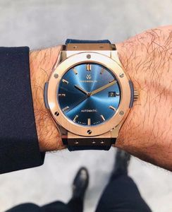 メンズの腕時計自動メカニカルラグジュアリーウォッチクラシックフュージョンデザイングレーブルーブラックダイヤル42 mmテープサファイアカーフスキンベルト運動男性腕時計腕時計