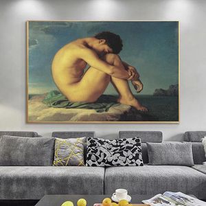 L'uomo nudo seduto su una roccia pensante tela stampata classica pittura a olio poster sulle immagini artistiche da parete per il soggiorno