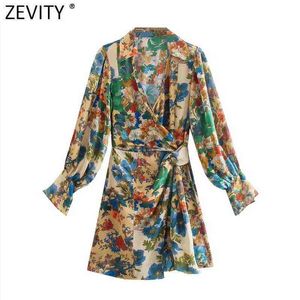 Zevity 2022 Kvinnor Vintage Blommig Print Side Bow Bundet Slim Kimono Mini Klänning Kvinna Chic Långärmad Casual Party Vestidos DS8979 Y1204