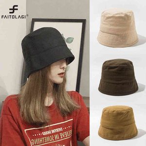 Solid Cotton Women Bucket Hat Spring Summer Flat Top Panama Caps Female Girl Outdoor Sunscreen Foldable Korean Fisherman Cap G220311