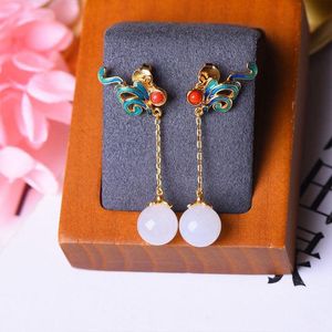 Dangle Chandelier Silver Inlaid Natural Hetian White Jade Long Earrings Chinese Style Ancient Flower Charm Elegant Gilt Light Luxury Lady