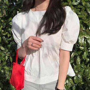 Корейский сладкий слойки с короткими рукавами женские блузки лето круглый воротник свободная белая рубашка женщина плюс размер топы леди Blusas 14038 210512