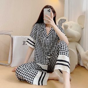 Women Pajamas Satin Two Piece Set Houndstooth Sleepwear Shirt&Pants Casual Lounge Wear Lingerie Loose Homewear Q0706