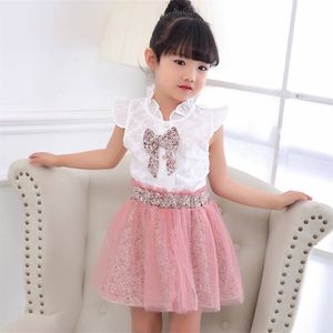 Baby flicka kläder uppsättning vlinder sommar spets blommig kortärmad vit t-shirt mesh kjol kläder för 2 3 4 5 6 7 8 år 210326