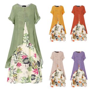 여름 여성의 세련된 짧은 소매 패션 Boho 스타일 느슨한 맥시 드레스 플러스 사이즈 플로랄 드레스