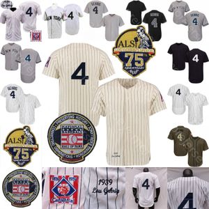 Lou Gehrig Jersey 75th 명예의 전당 패치 1939 그레이 크림 화이트 핀스트라이프 그레이 턴 백 네이비 플레이어 팬 사이즈 S-3XL